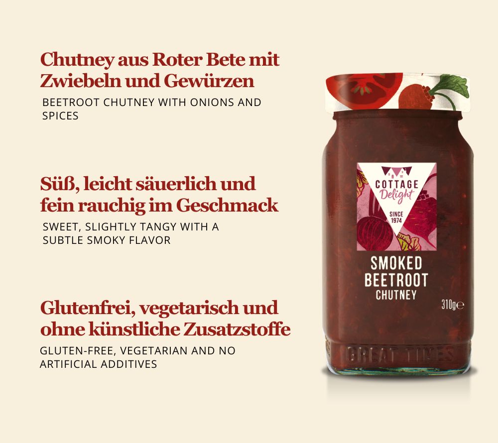 Smoked Beetroot Chutney von Cottage Delight: Süß-rauchig mit Roter Bete & Gewürzen. Ideal zu Käse, Fisch & Dips. Glutenfrei, vielseitig und aromatisch.