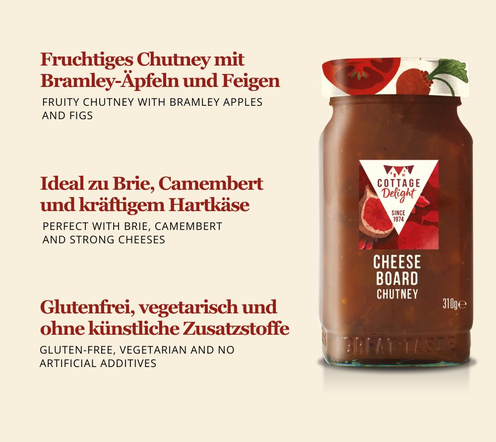 Cheese Board Chutney von Cottage Delight: Fruchtig mit Apfel & Feige. Ideal zu Käse, Fleisch & mehr. Glutenfrei, vielseitig und aromatisch.