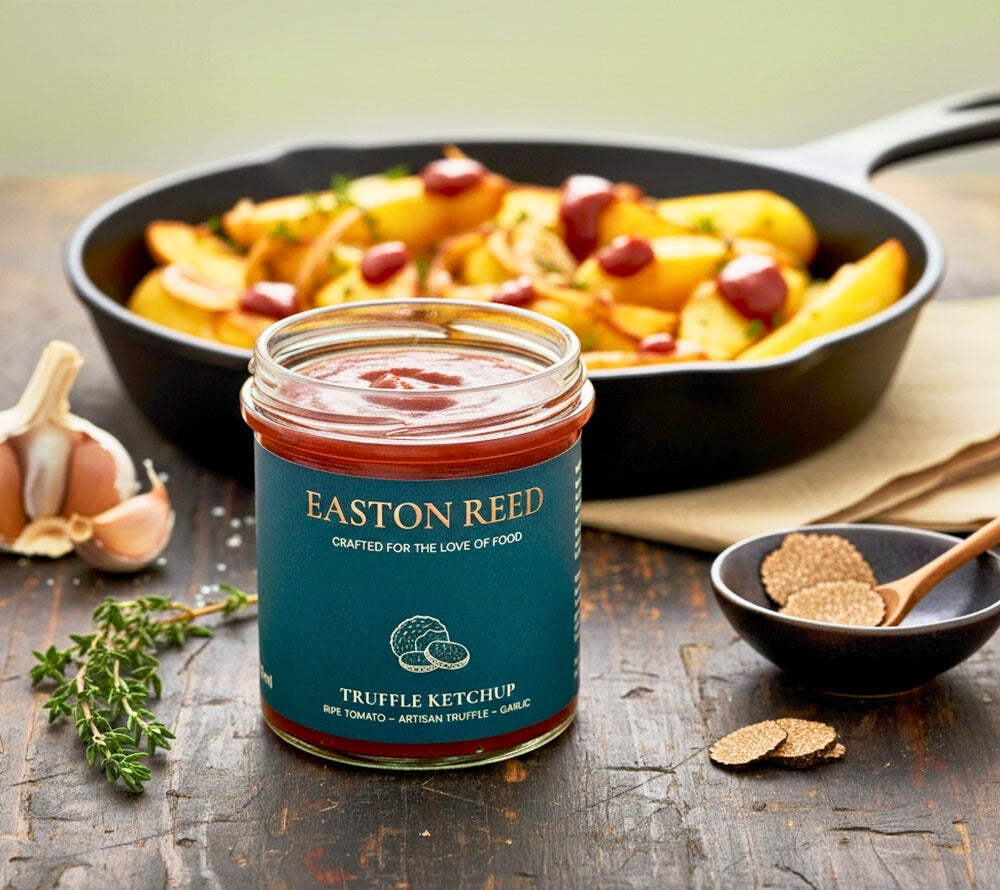 Premium Truffle Ketchup von Easton Reed: fruchtige Tomaten, edler Trüffel und milde Gewürze. Ideal für Feinkost, Gastronomie und anspruchsvolle Kunden – vielseitig einsetzbar und aromatisch.