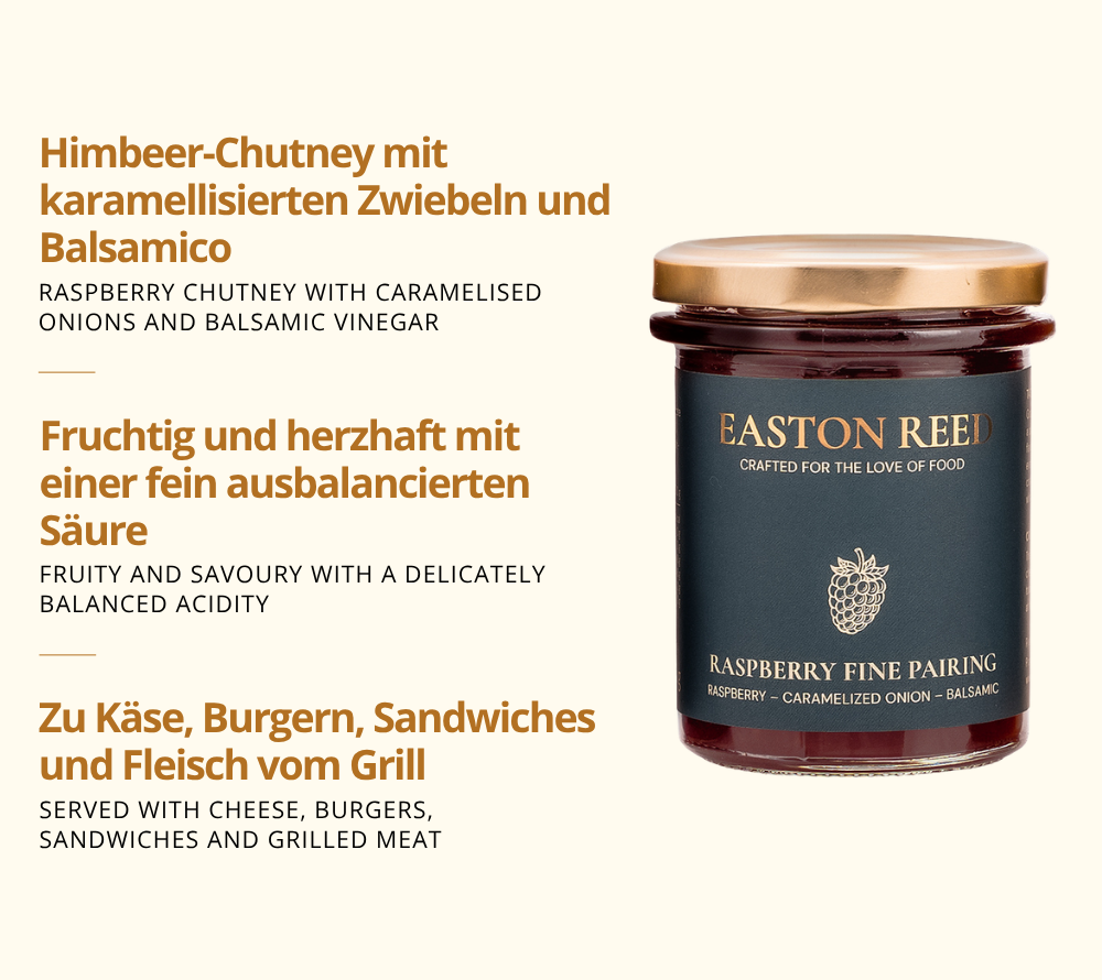 Raspberry Fine Pairing als Freistellerbild mit jeweils 3 Fakten auf deutsch und auf englisch