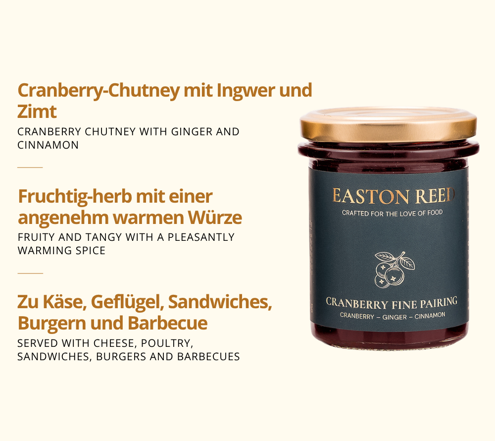 Cranberry Fine Pairing als Freistellerbild mit jeweils 3 Fakten auf deutsch und auf englisch