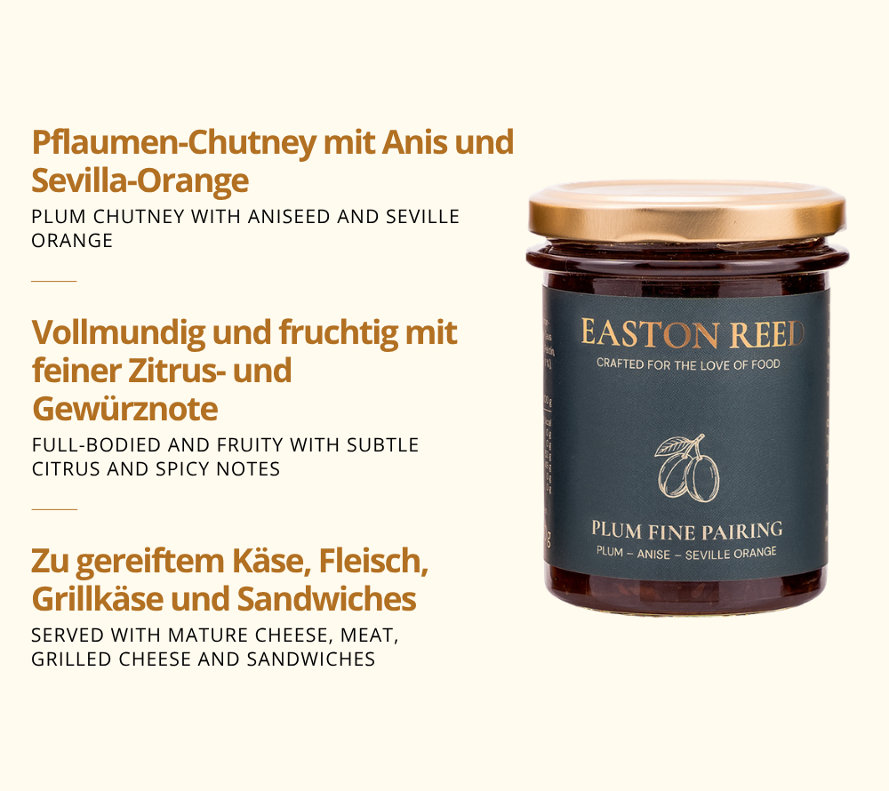 Plum Fine Pairing als Freistellerbild mit jeweils 3 Fakten auf deutsch und auf englisch