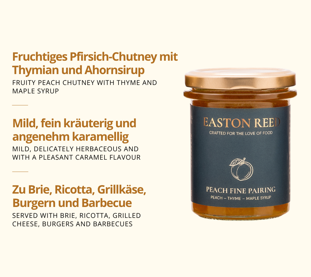 Peach Fine Pairing als Freistellerbild mit jeweils 3 Fakten auf deutsch und auf englisch