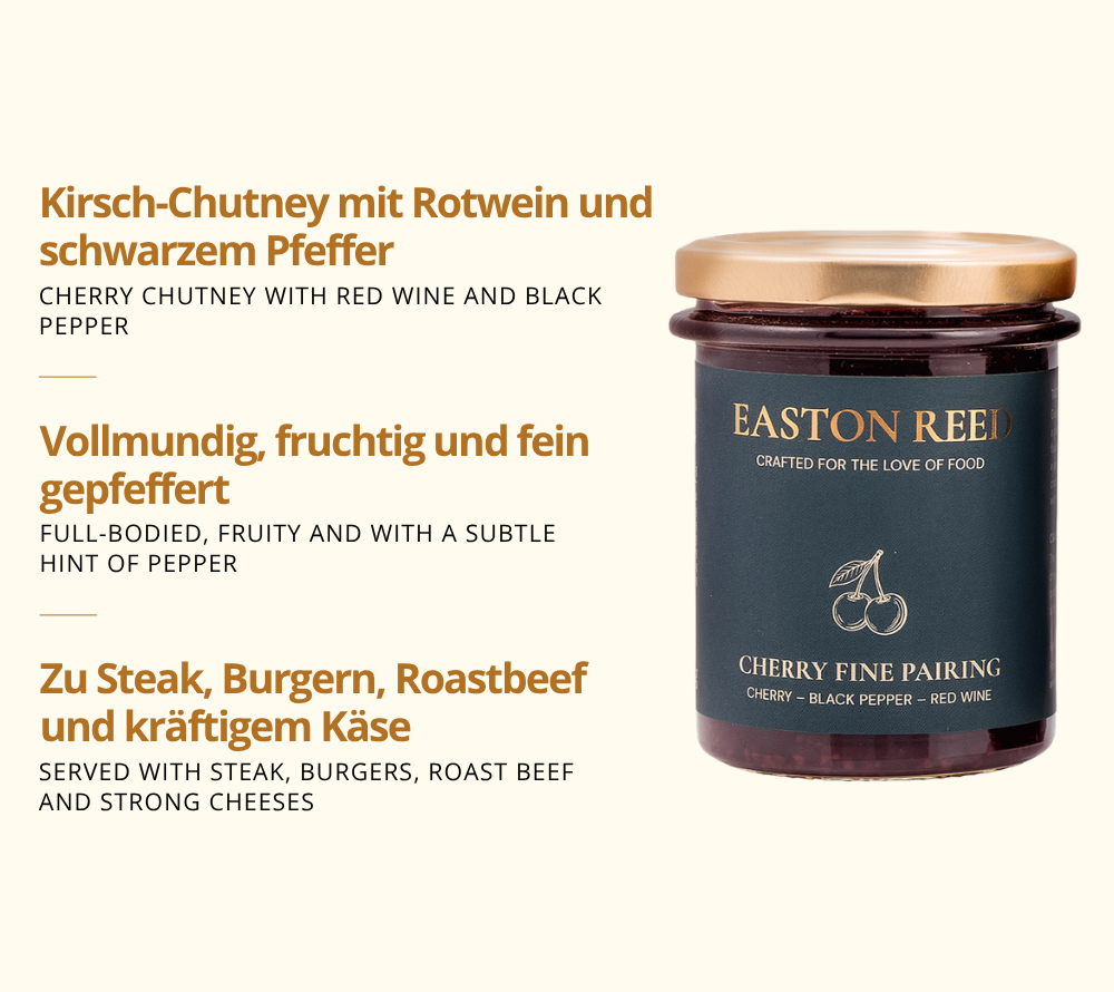 Cherry Fine Pairing als Freistellerbild mit jeweils 3 Fakten auf deutsch und auf englisch