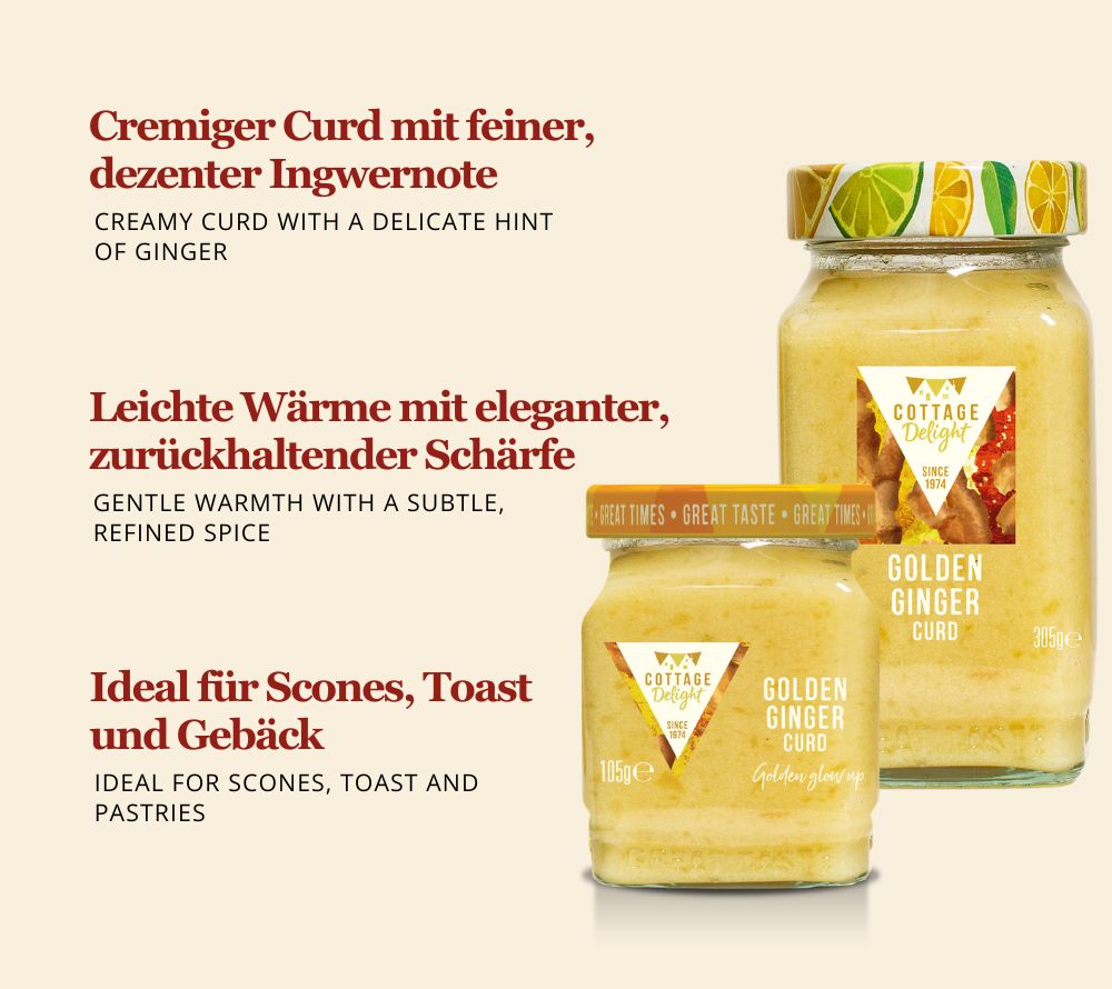 Golden Ginger Curd von Cottage Delight: Cremig, mild-süß mit feiner Ingwernote. Perfekt für Frühstück, Desserts und Backen. Raffiniert & vielseitig.