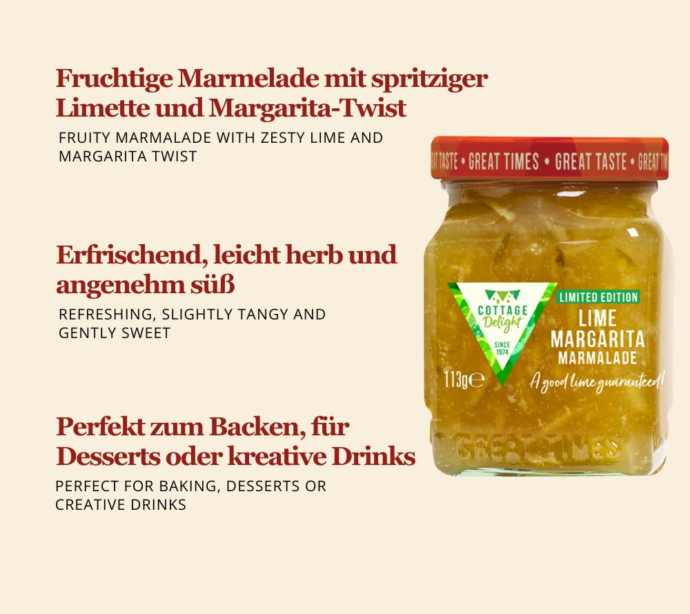 Lime Margarita Marmelade von Cottage Delight: Fruchtig-herb mit Limette. Perfekt für Frühstück, Desserts & Drinks. Frisch, modern & vielseitig.