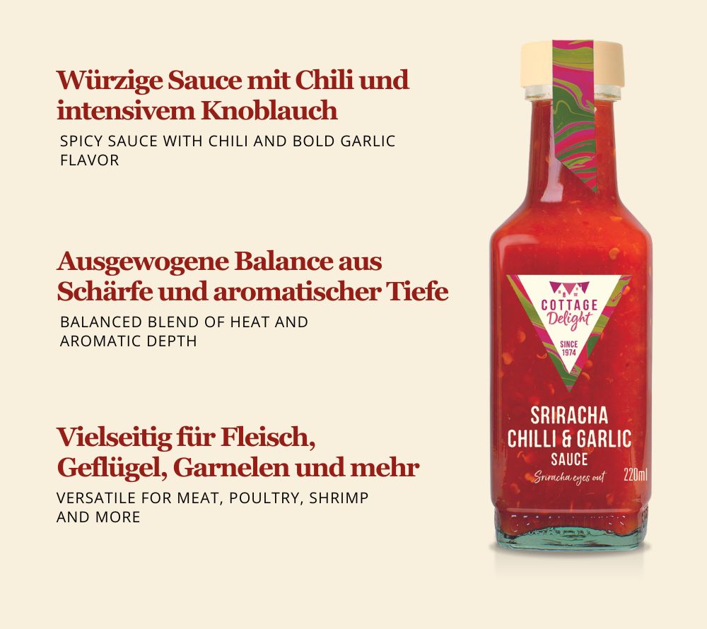 Sriracha Chilli & Garlic Sauce von Cottage Delight: Würzig mit Chili & Knoblauch. Perfekt für Dips, Burger und Marinaden. Vegan & glutenfrei.