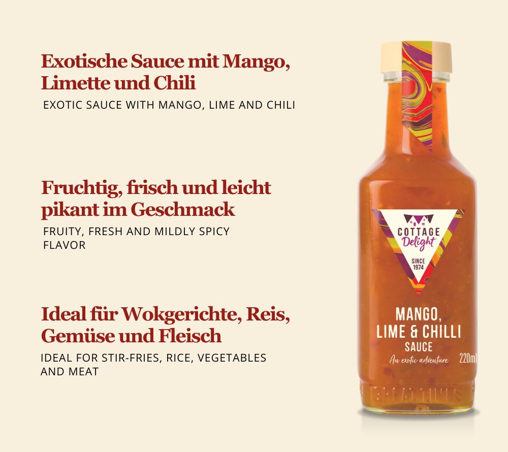 Mango, Lime & Chilli Sauce von Cottage Delight: Fruchtig-frisch mit Mango, Limette & Chili. Ideal für Dips, Bowls, Wokgerichte & Grillküche.