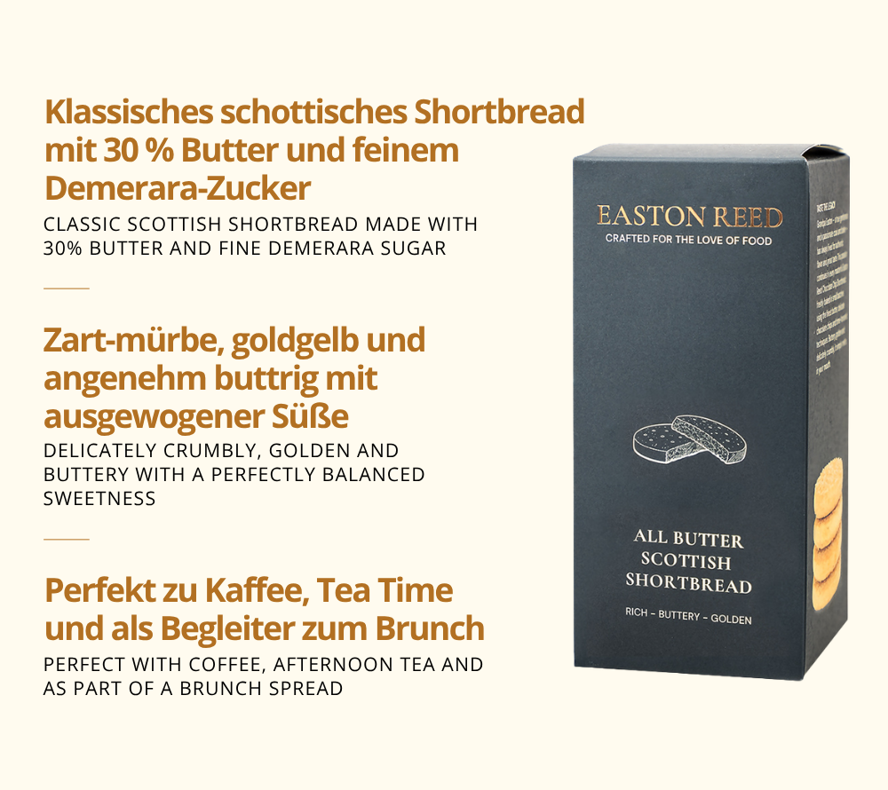 All Butter Scottish Shortbread als Freistellerbild mit jeweils 3 Fakten auf deutsch und auf englisch
