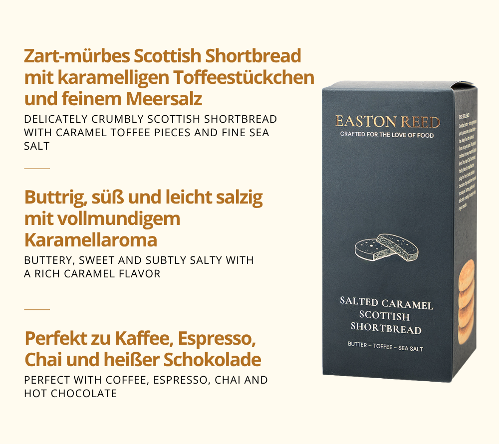 Salted Caramel Scottish Shortbread als Freistellerbild mit jeweils 3 Fakten auf deutsch und auf englisch