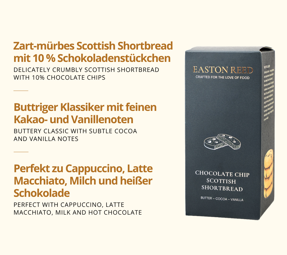 Chocolate Chip Scottish Shortbread als Freistellerbild mit jeweils 3 Fakten auf deutsch und auf englisch