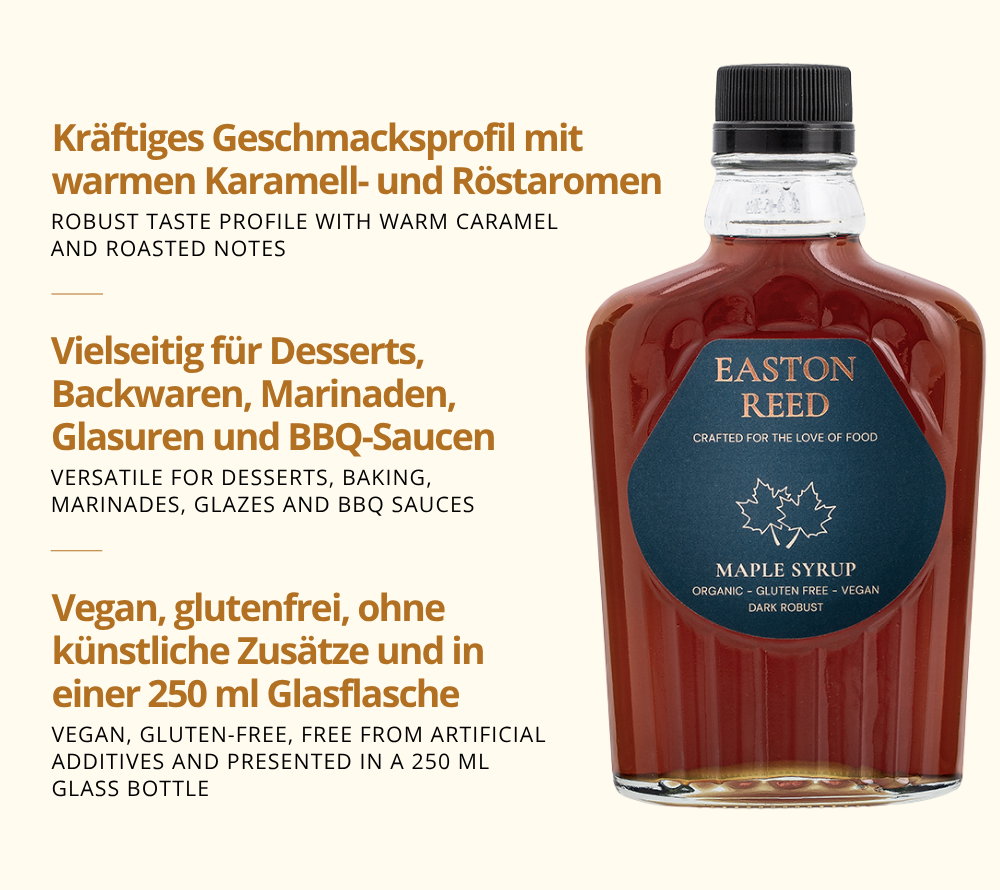 Maple Syrup Dark Robust als Freistellerbild mit jeweils 3 Fakten auf deutsch und auf englisch