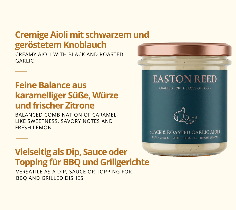 Black & Roasted Garlic Aioli als Freistellerbild mit jeweils 3 Fakten auf deutsch und auf englisch