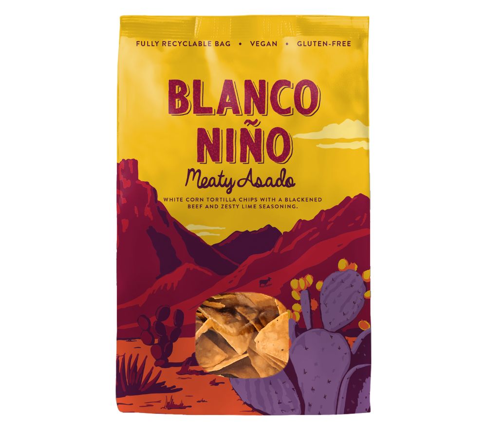 Blanco Niño Meaty Asado Tortilla Chips mit rauchigem BBQ-Geschmack. Premium-Snack aus traditioneller Herstellung – ideal für Feinkost- und Delikatessenhandel.