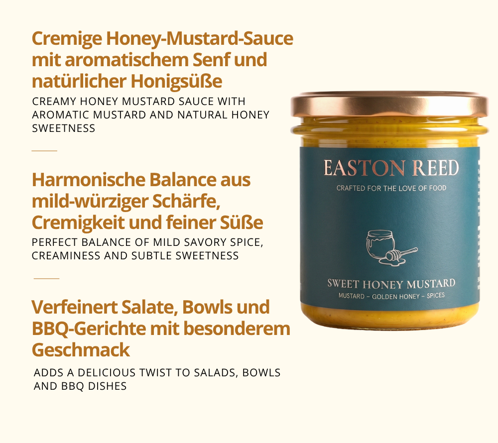 Sweet Honey Mustard als Freistellerbild mit jeweils 3 Fakten auf deutsch und auf englisch