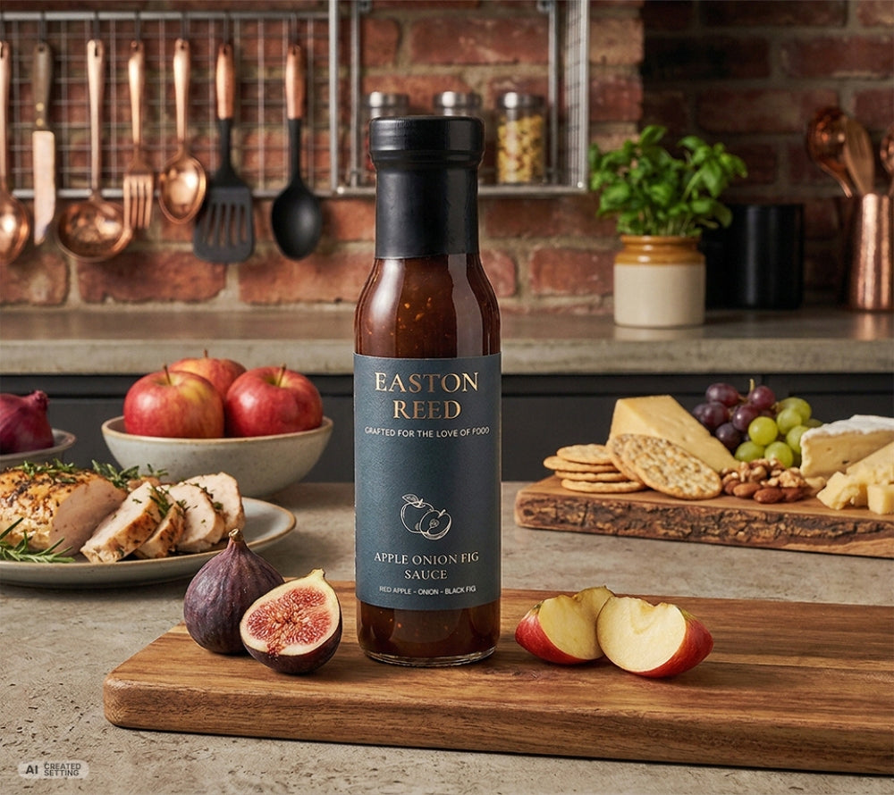 Easton Reed Apple Onion Fig Sauce Flasche auf einem Holzbrett mit frischen Feigen und Äpfeln, im Hintergrund gegrilltes Hähnchen und eine Käseplatte