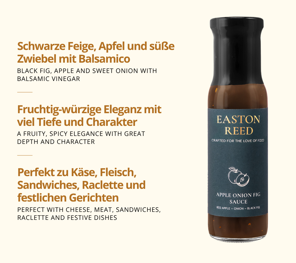 Apple Onion Fig Sauce als Freistellerbild mit jeweils 3 Fakten auf deutsch und auf englisch