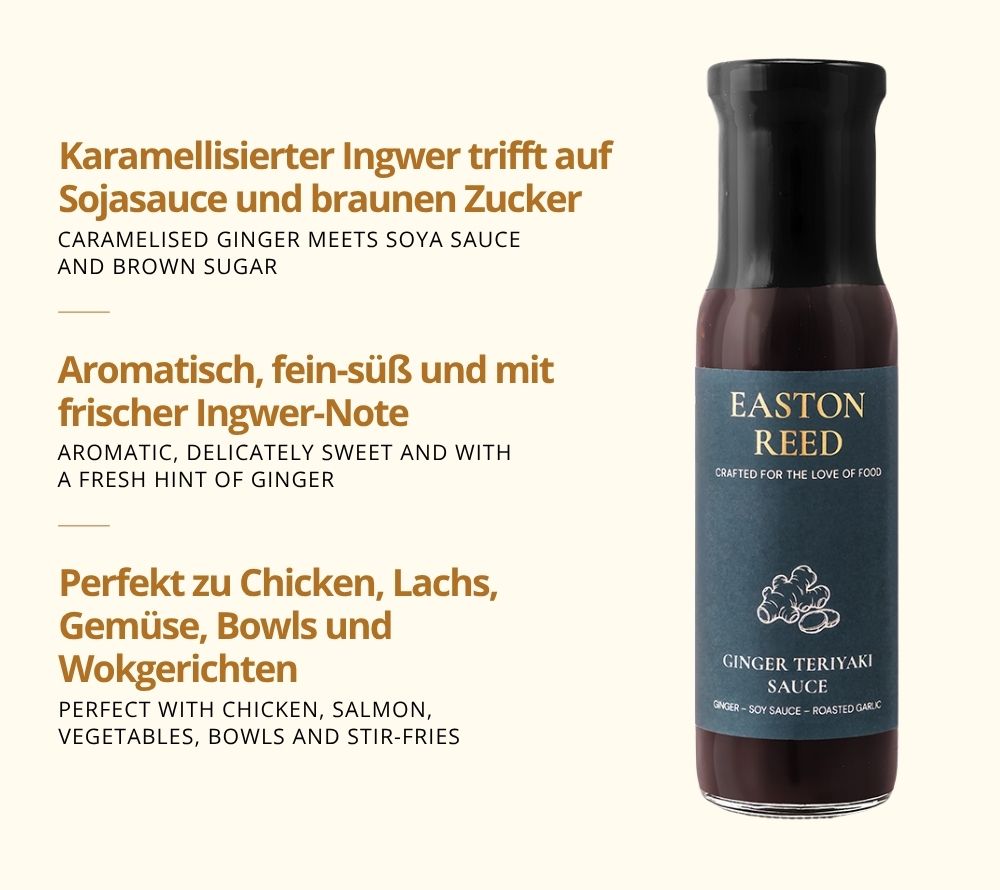 Ginger Teriyaki Sauce als Freistellerbild mit jeweils 3 Fakten auf deutsch und auf englisch