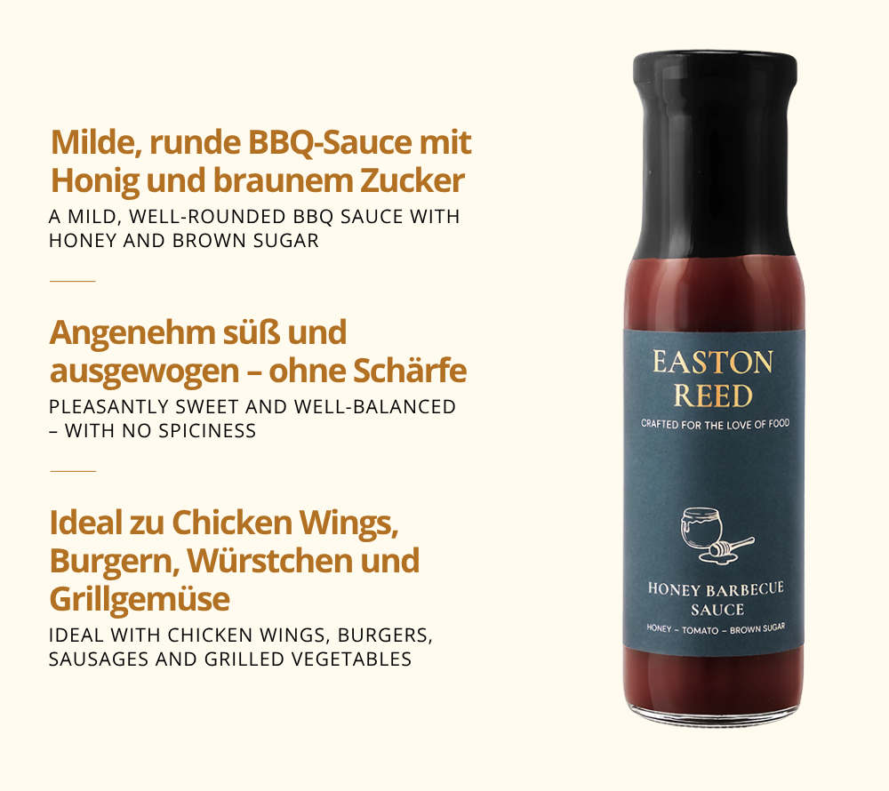 Honey Barbecue Sauce als Freistellerbild mit jeweils 3 Fakten auf deutsch und auf englisch