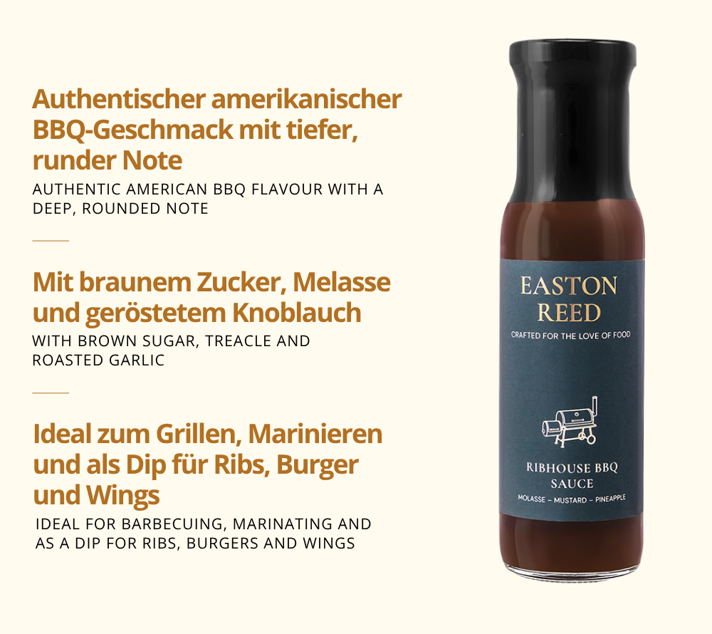 Ribhouse BBQ Sauce als Freistellerbild mit jeweils 3 Fakten auf deutsch und auf englisch