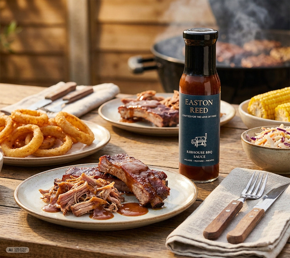 Easton Reed Ribhouse BBQ Sauce mit Rippchen, Pulled Pork und Onion Rings am Grilltablett