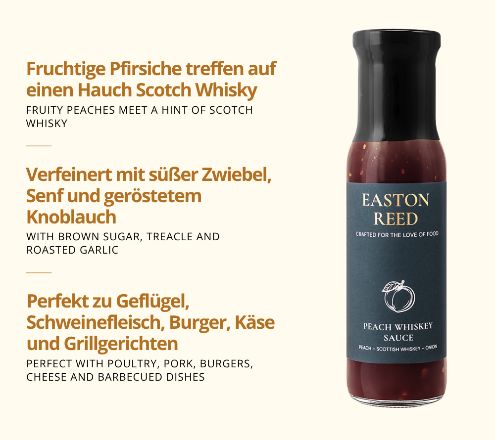 Peach Whiskey Sauce als Freistellerbild mit jeweils 3 Fakten auf deutsch und auf englisch