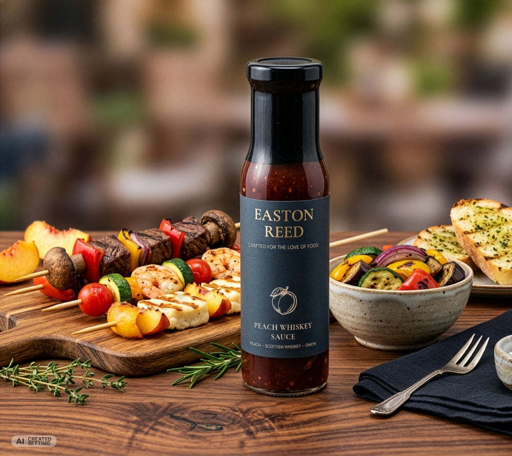Easton Reed Peach Whiskey Sauce Flasche steht auf einem Holztisch neben Grillspießen mit Fleisch, Garnelen, Halloumi und Gemüse sowie einer Schale mit gegrilltem Gemüse und Knoblauchbrot
