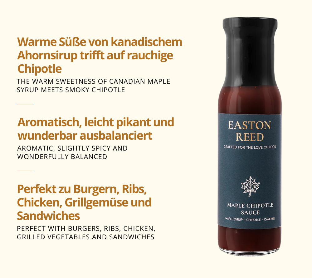 Maple Chipotle Sauce als Freistellerbild mit jeweils 3 Fakten auf deutsch und auf englisch