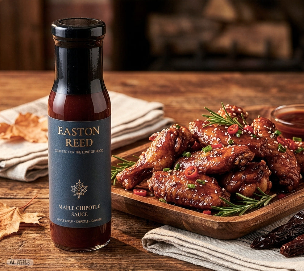 Easton Reed Sauce Flasche neben gegrillten Rippchen mit BBQ-Glasur auf einem Holztisch