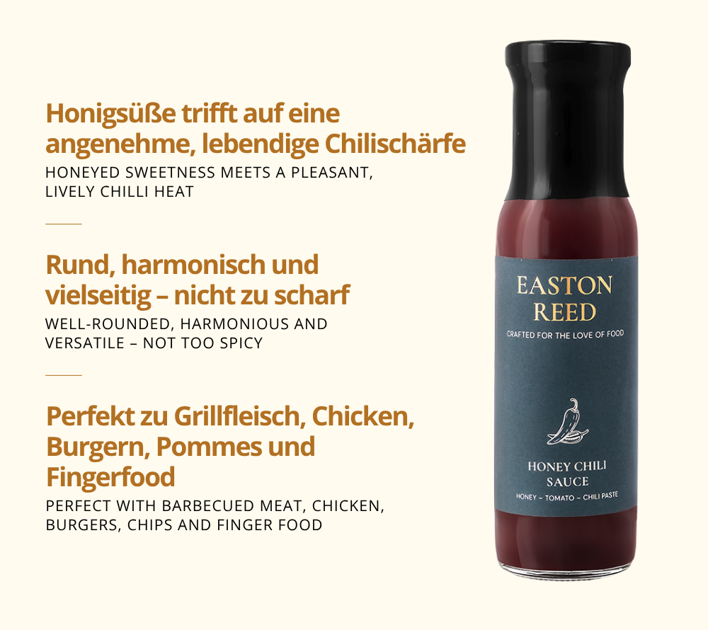 Honey Chili Sauce als Freistellerbild mit jeweils 3 Fakten auf deutsch und auf englisch