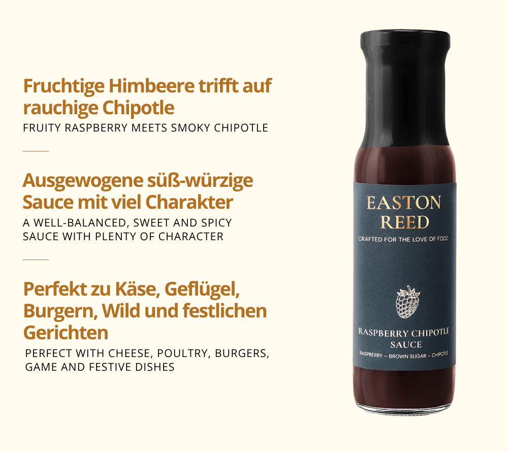 Raspberry Chipotle Sauce als Freistellerbild mit jeweils 3 Fakten auf deutsch und auf englisch