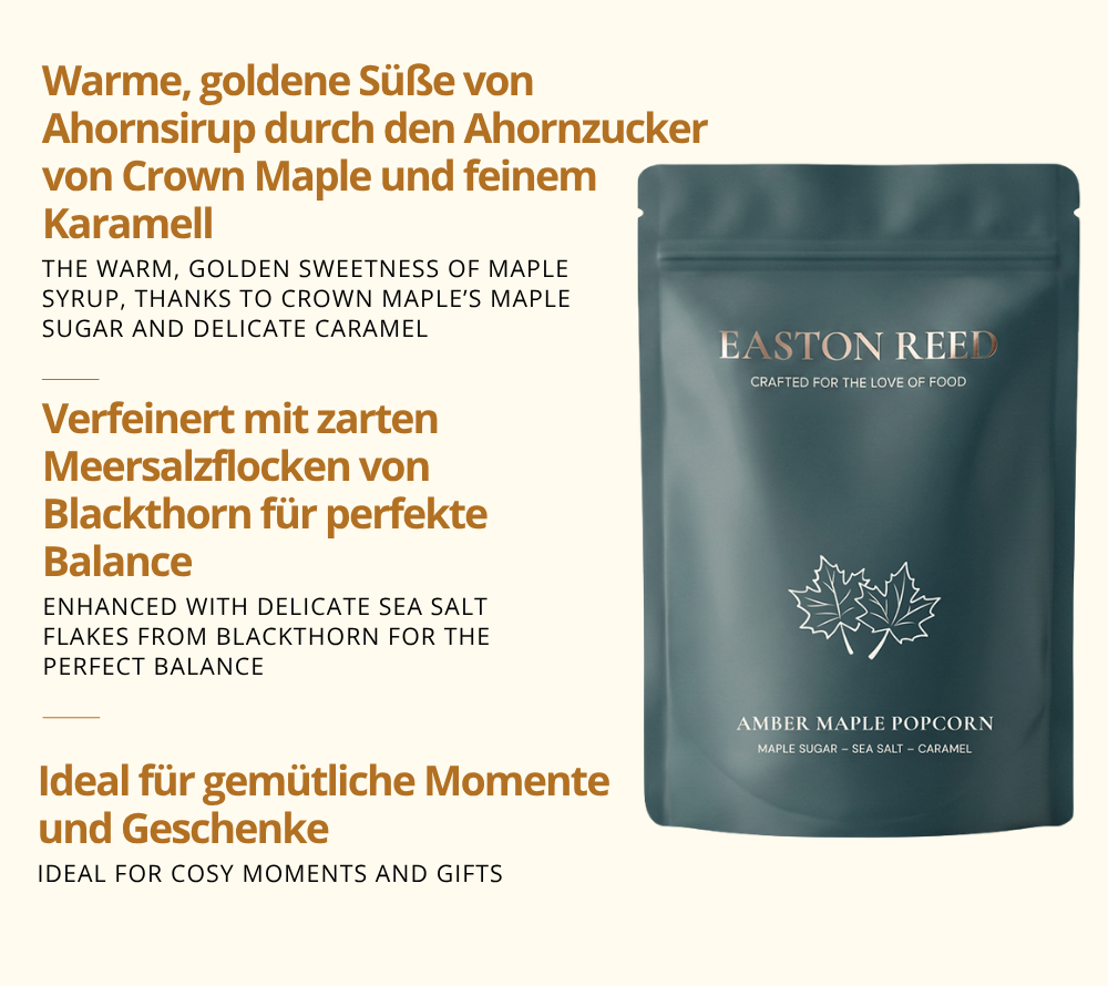 Amber Maple Gourmet Popcorn als Freistellerbild mit jeweils 3 Fakten auf deutsch und auf englisch