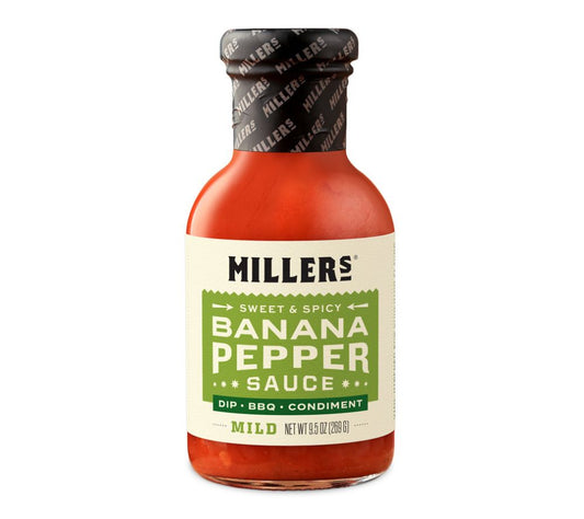 Banana Pepper Mild Sauce von Miller’s kaufen – süß-würzige Pfeffersauce mit milder Schärfe & mehrfach prämiert. Ideal für BBQ, Burger, Käse & Geschenke.