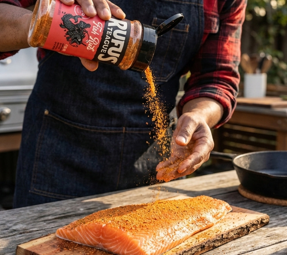 Person streut Rufus Teague Fish Rub Gewürzmischung über ein frisches Lachsfilet auf einem Holzbrett