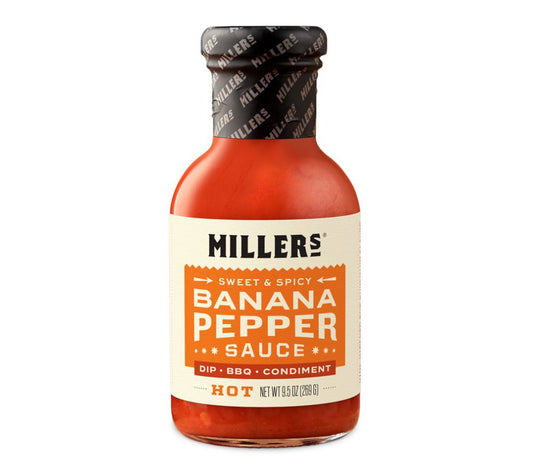 Banana Pepper Hot Sauce von Miller’s kaufen – original US-Sauce mit süß-scharfem Geschmack & Scovie™-Auszeichnung. Ideal für Burger, BBQ, Käse & Geschenke.