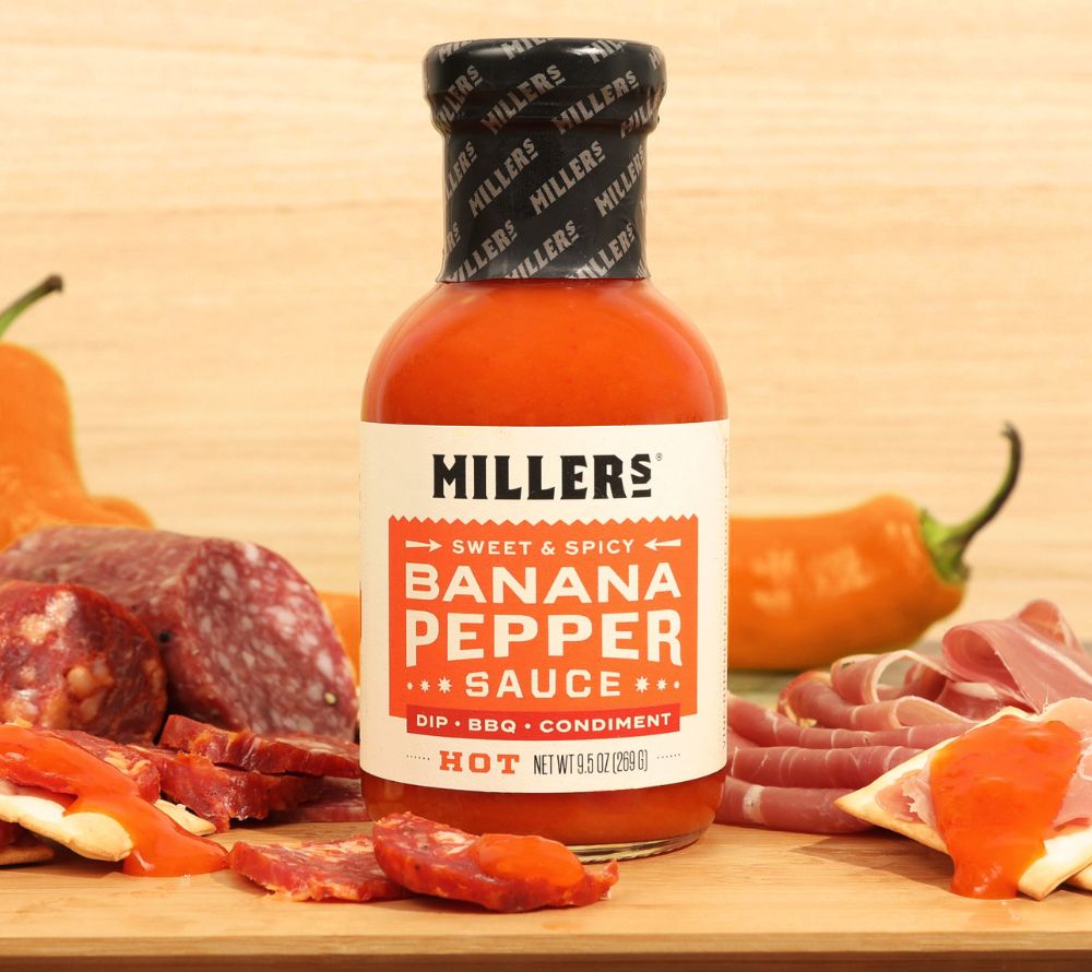 Banana Pepper Hot Sauce von Miller’s kaufen – original US-Sauce mit süß-scharfem Geschmack & Scovie™-Auszeichnung. Ideal für Burger, BBQ, Käse & Geschenke.