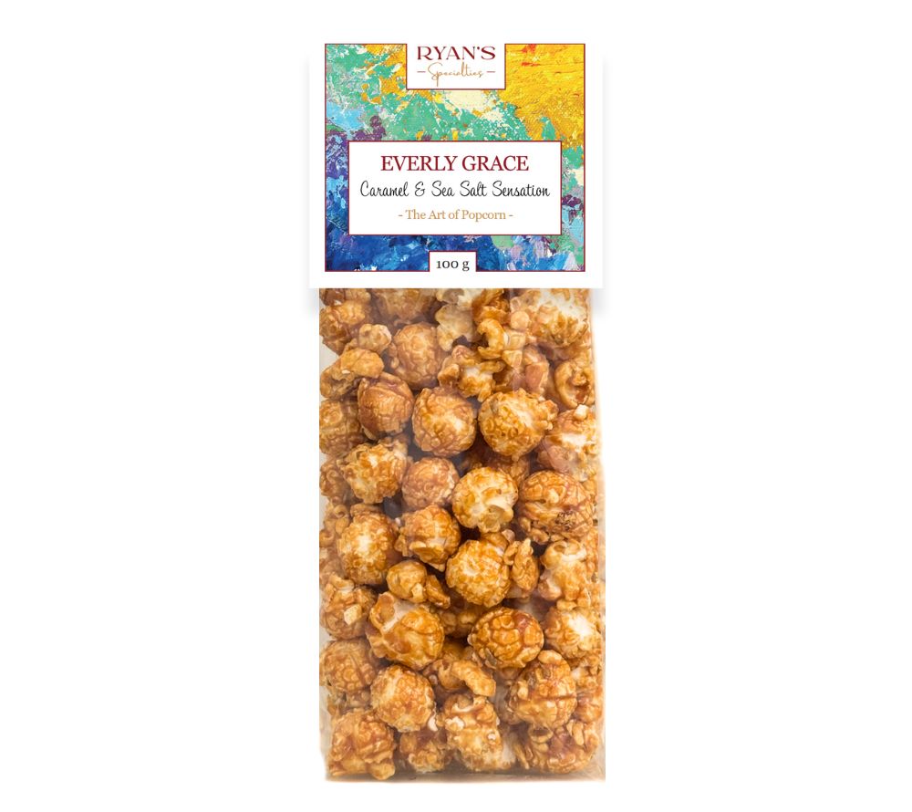 Everly Grace Popcorn Caramel & Sea Salt Sensation Bag 100 g von Ryan's Specialties kaufen | Süß, knusprig, karamell | Perfekt für Filmabende | EU-weiter Versand