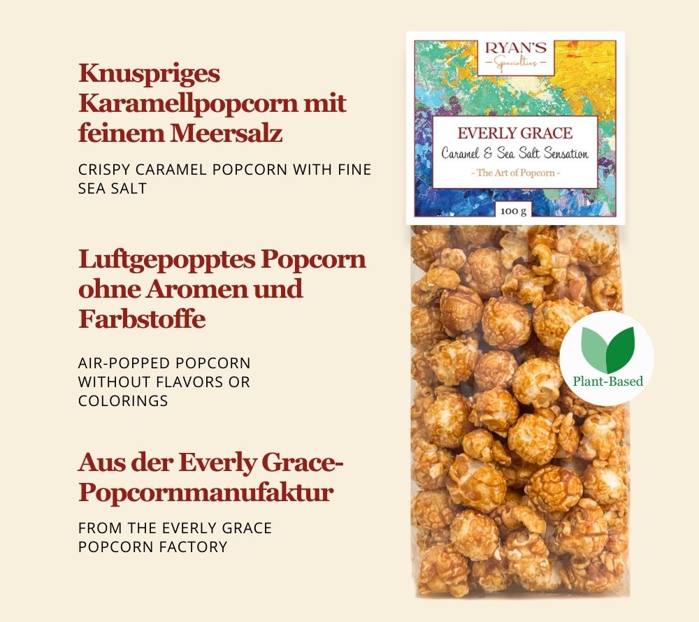 Everly Grace Popcorn Caramel & Sea Salt Sensation Bag 100 g von Ryan's Specialties kaufen | Süß, knusprig, karamell | Perfekt für Filmabende | EU-weiter Versand