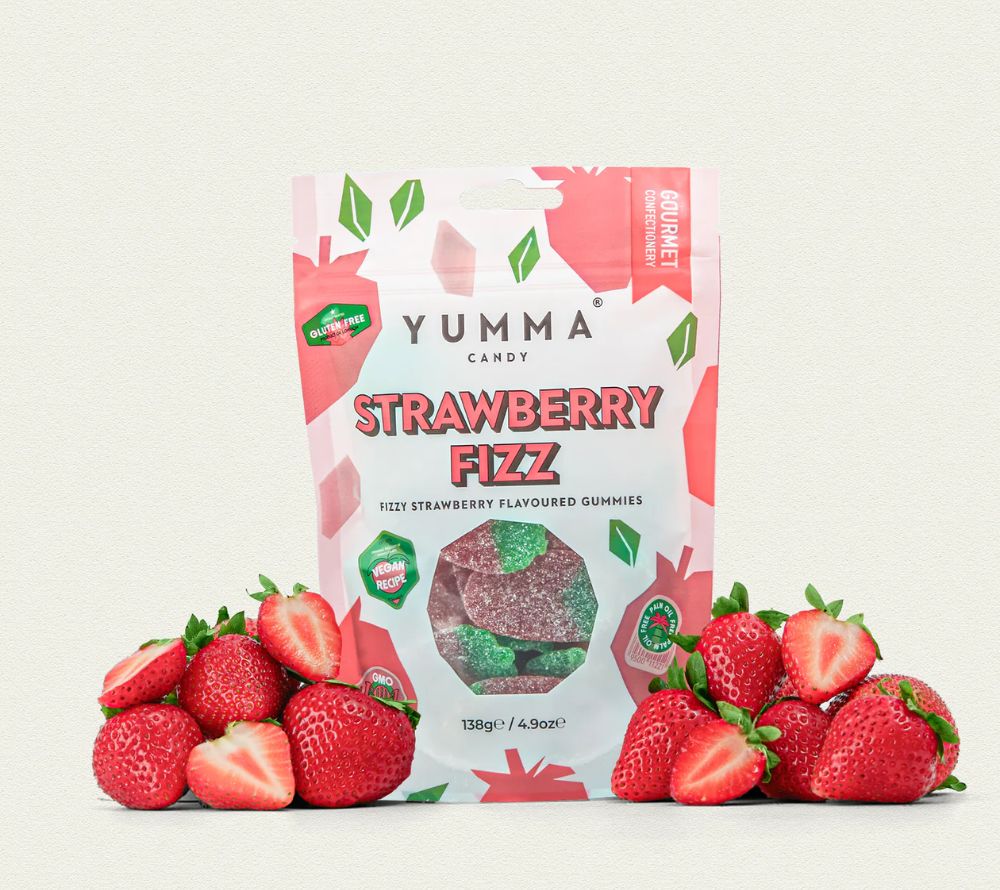 Strawberry Fizz von Yumma Candy (Pouch) kaufen | spritzig, süß, vegan | Ideal als Nascherei, Snack, Geschenk