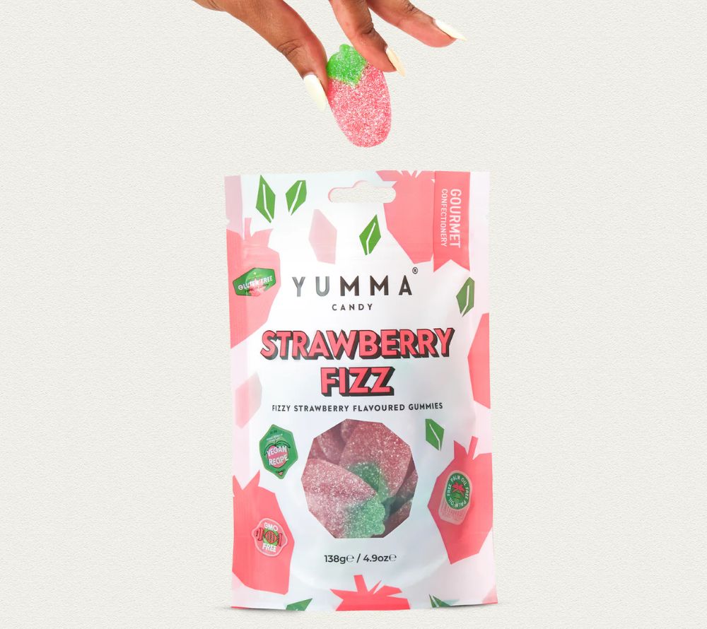 Strawberry Fizz von Yumma Candy (Pouch) kaufen | spritzig, süß, vegan | Ideal als Nascherei, Snack, Geschenk