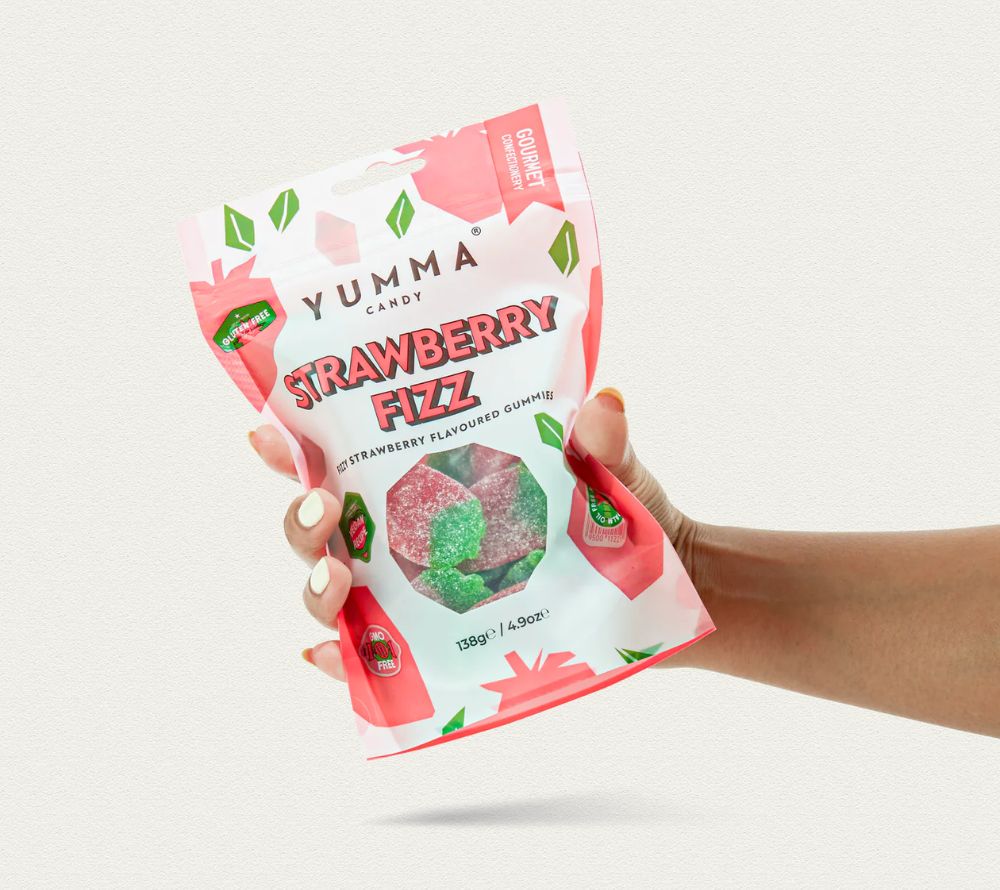 Strawberry Fizz von Yumma Candy (Pouch) kaufen | spritzig, süß, vegan | Ideal als Nascherei, Snack, Geschenk
