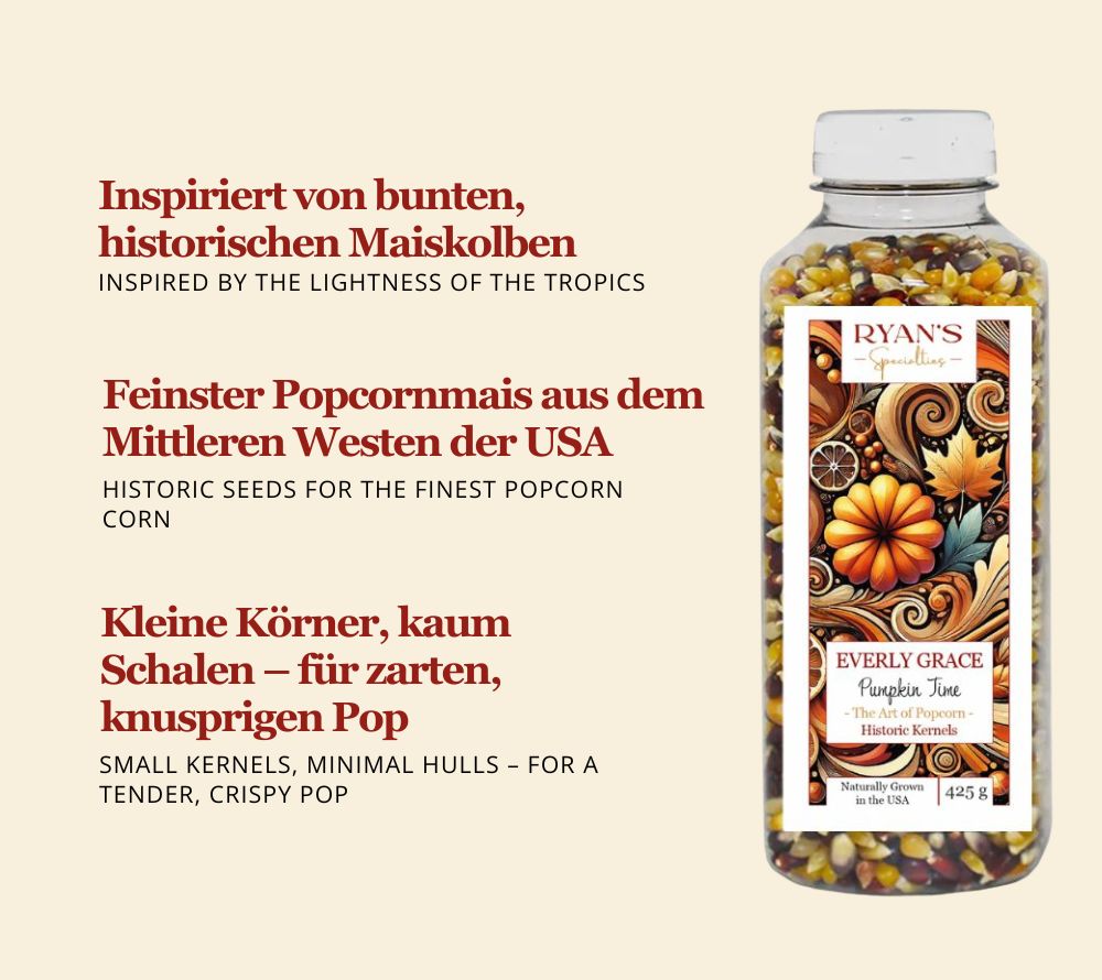 Everly Grace Pumpkin Time Popcornkörner (425 g) – Gourmet-Popcorn aus den USA. Jetzt bei Ryan's Specialties B2B online kaufen und Herbstgenuss sichern!