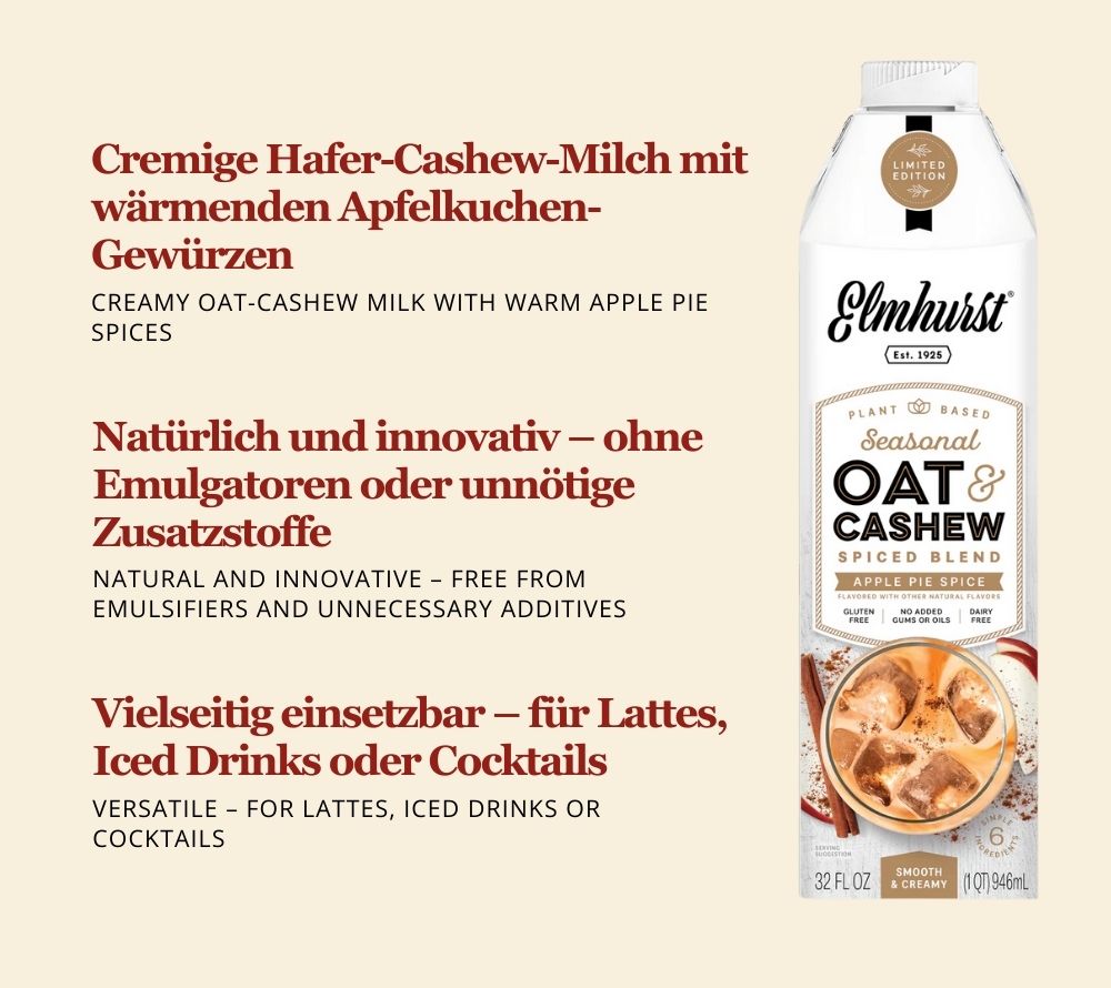 Hafer- und Cashewmilch mit wärmenden Apfel- & Gewürznoten | Vegan, glutenfrei, ohne Gentechnik & koscher zertifiziert | Europaweiter Versand | Jetzt bestellen!