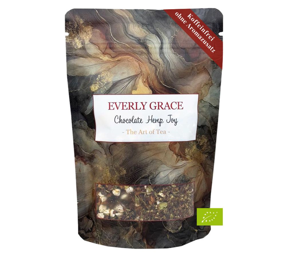 Chocolate Hemp Joy Tea von Everly Grace. Ein luxuriöser Tee, der Genuss und Entspannung verbindet. ohne künstliche Zusätze