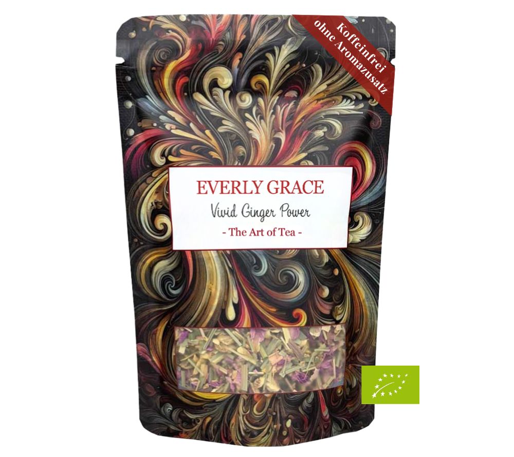 Vivid Ginger Power Tea von Everly Grace kaufen. Belebender Geschmack von Ingwer. Qualität und Natürlichkeit. Bio-Teemischung. Tee-Erlebnis für Ihr Sortiment