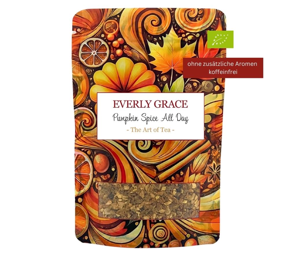 Koffeinfreier Pumpkin Spice Tee mit Kürbis, Zimt, Muskat & Ingwer. Wohlig-warm, vielseitig und ideal für gemütliche Herbstmomente – all day long.