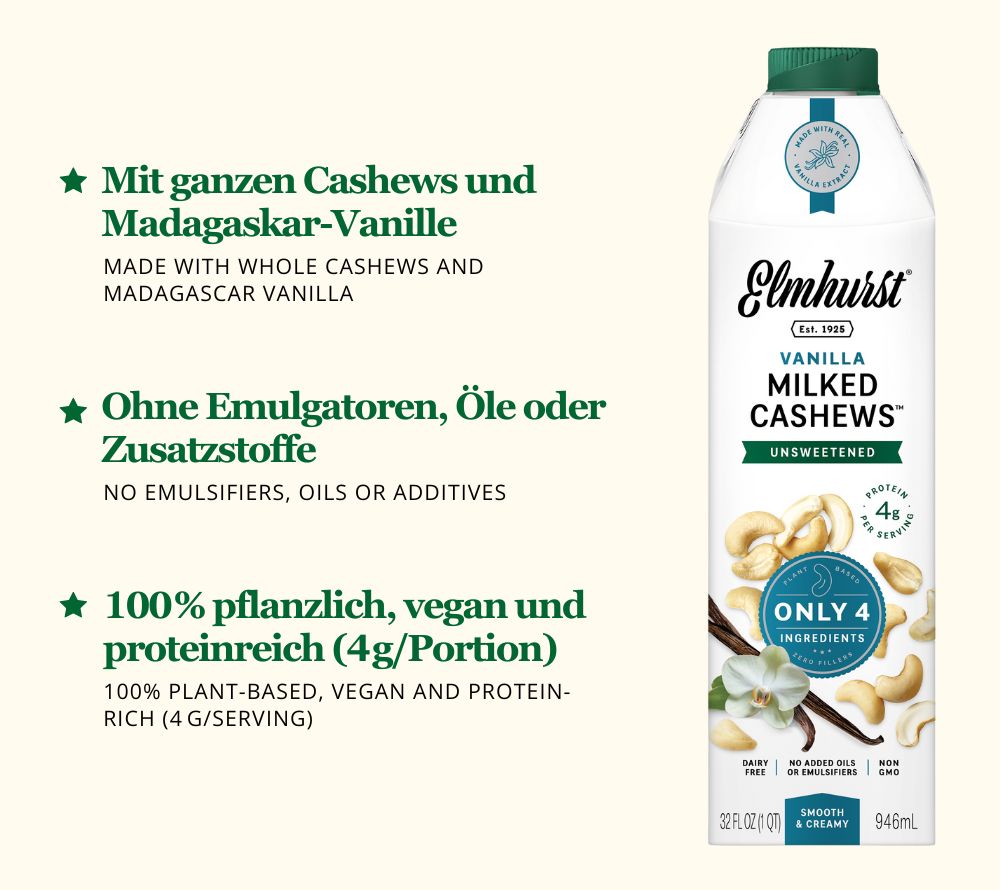 Cashewmilch mit echter Madagaskar-Vanille | Vegan, glutenfrei, ohne Gentechnik | Ohne Emulgatoren, Öle oder Zusätze | Europaweiter Versand | Jetzt bestellen!
