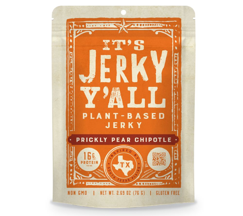 Pflanzliches Prickly Pear Chipotle Jerky – süß, würzig & proteinreich. Veganer Texan-Snack mit 16 g Protein, glutenfrei & non-GMO.