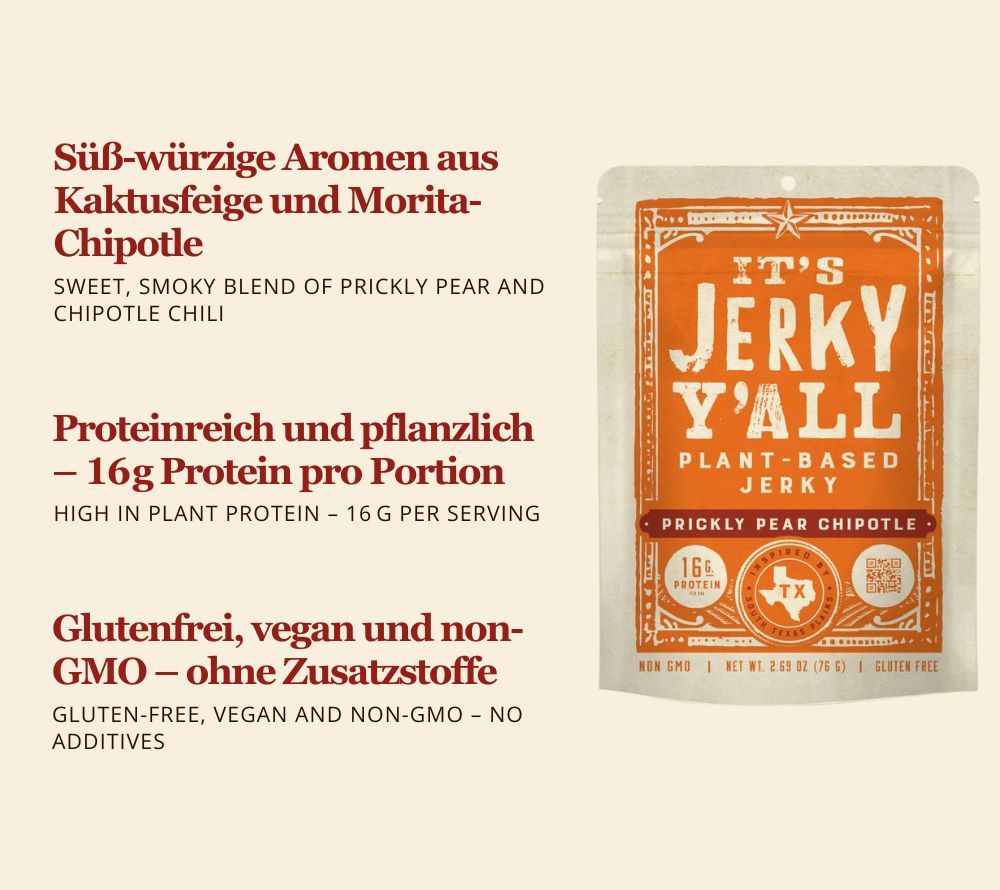 Pflanzliches Prickly Pear Chipotle Jerky – süß, würzig & proteinreich. Veganer Texan-Snack mit 16 g Protein, glutenfrei & non-GMO.
