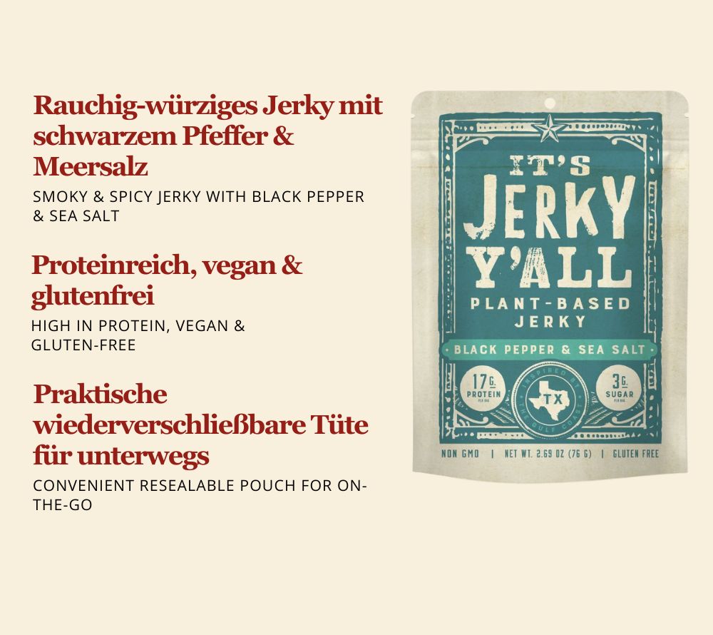 Black Pepper & Sea Salt Jerky – vegan, proteinreich & würzig. Pflanzlicher Snack mit kräftigem Pfeffer-Meersalz-Profil, glutenfrei & non-GMO.